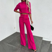 Two-Piece Set – Long Sleeve Crop Top & Tailored Pants – Chic Office Look