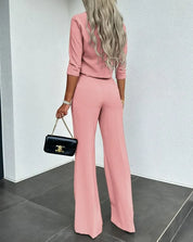 Two-Piece Set – Long Sleeve Crop Top & Tailored Pants – Chic Office Look