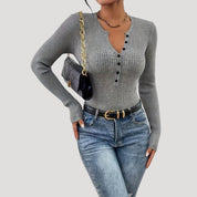 Ribbed Henley Top – Button Front – Casual Smart Style