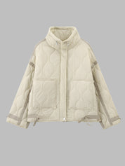 Color Matching Quilted Jacket for Women – High Neck, Long Sleeve Winter Coat with Big Pockets 0