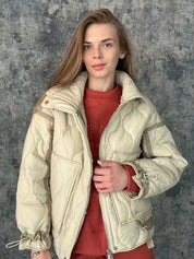 Color Matching Quilted Jacket for Women – High Neck, Long Sleeve Winter Coat with Big Pockets 1