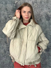 Color Matching Quilted Jacket for Women – High Neck, Long Sleeve Winter Coat with Big Pockets 2