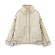Color Matching Quilted Jacket for Women – High Neck, Long Sleeve Winter Coat with Big Pockets 6
