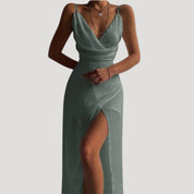 Cowl Neck Maxi Dress – High Side Slit – Elegant Wedding Guest Look 5
