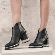 Women’s Ankle Boots – Smooth Leather – Embroidered Upper – Studded Sole – Block Heel 2