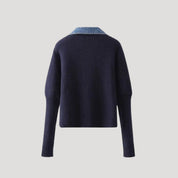 Women’s navy knit cardigan with denim trim 1