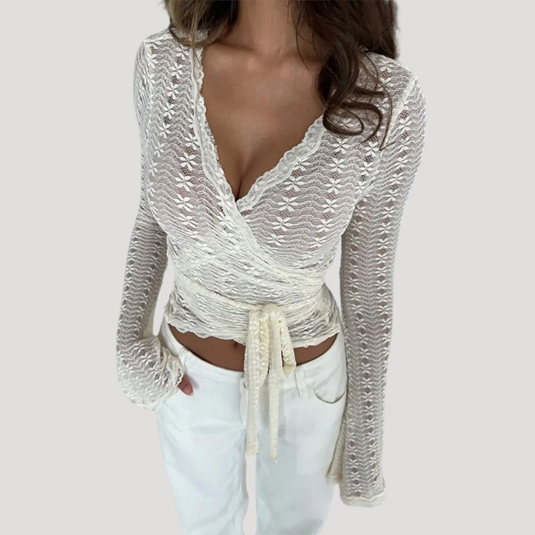 Lace Wrap Top – White Long Sleeve – Feminine Date Night Style