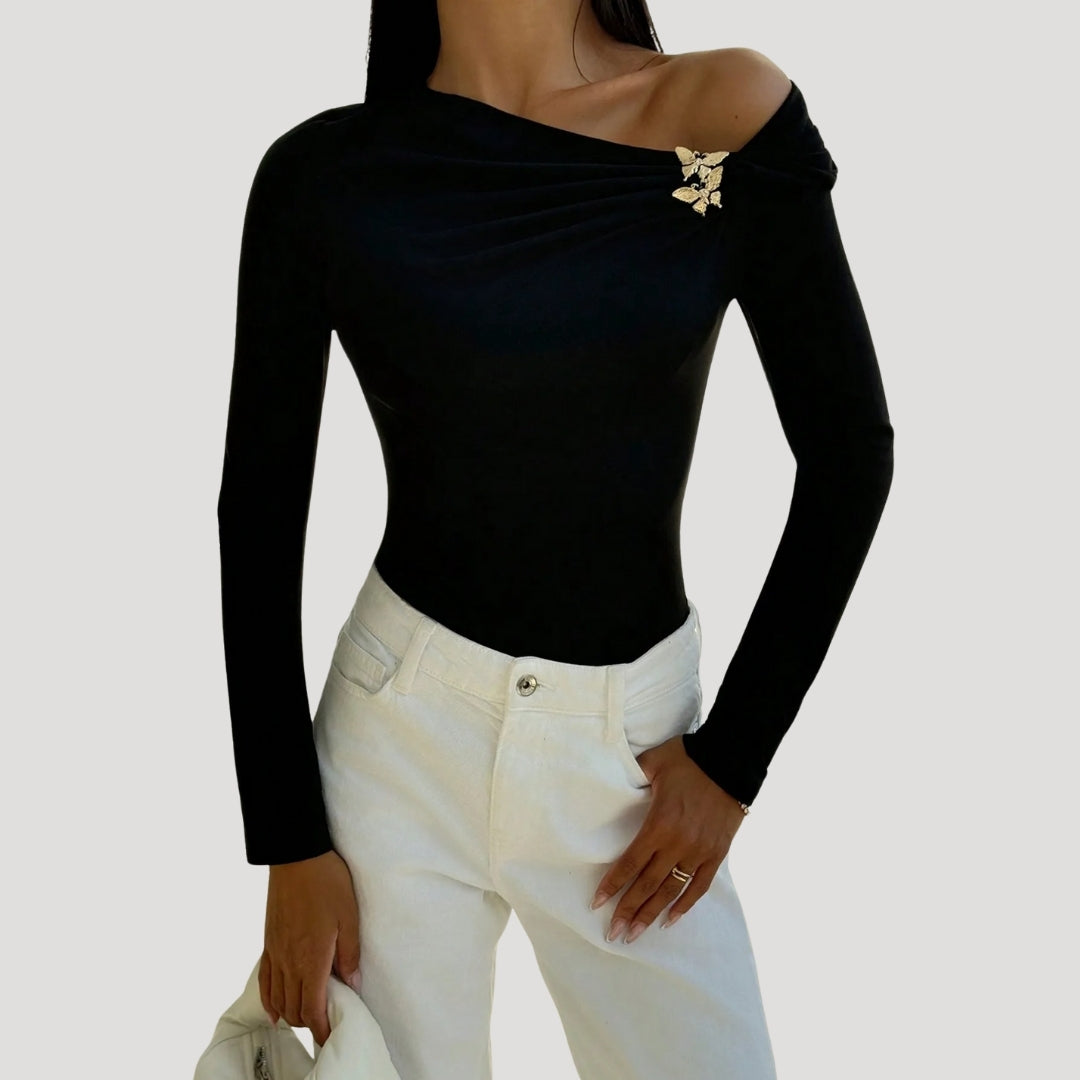 One-Shoulder Bodysuit – Elegant Pin Detail – Sleek Evening Style