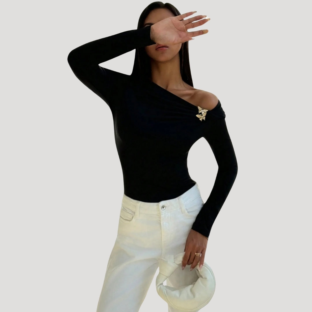 One-Shoulder Bodysuit – Elegant Pin Detail – Sleek Evening Style