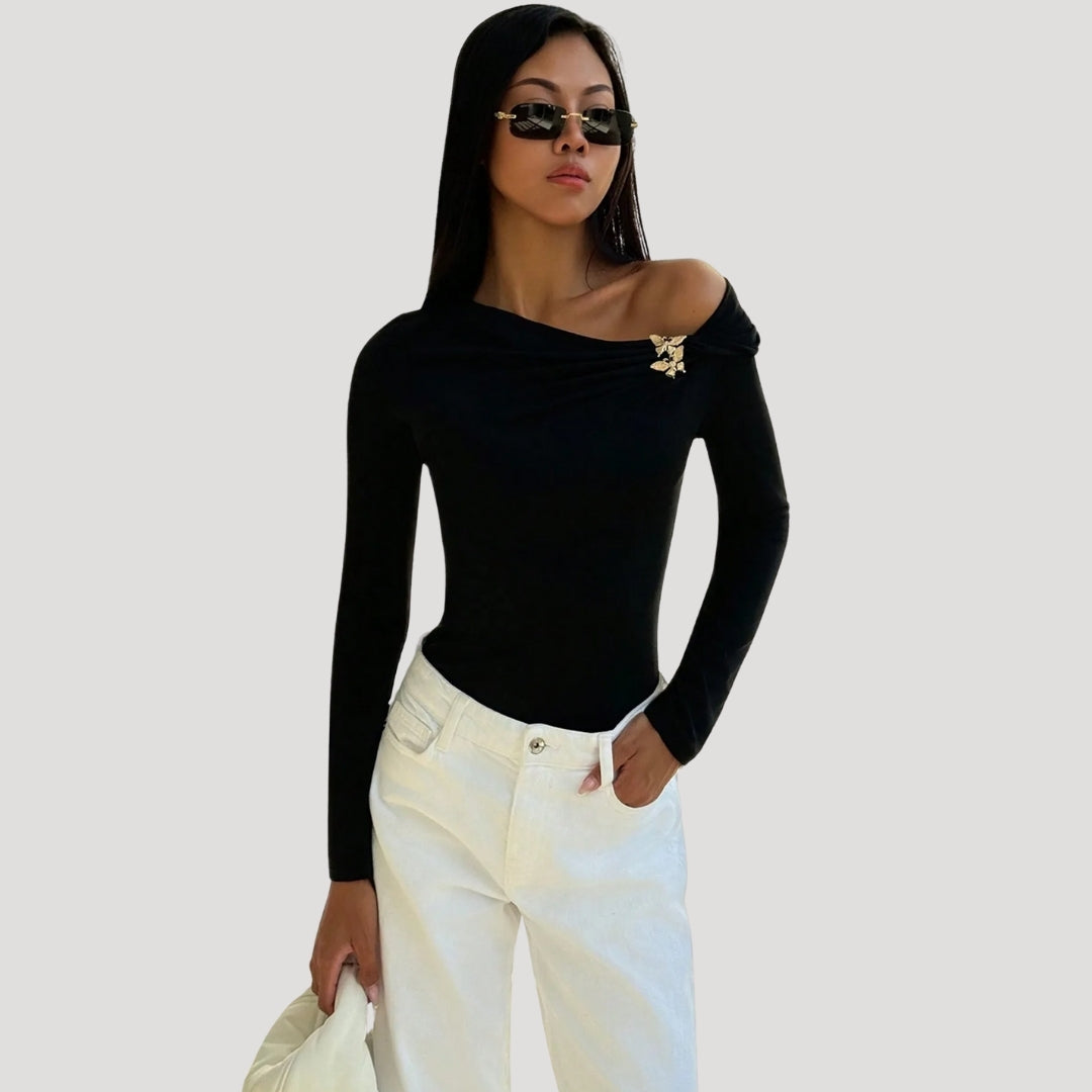 One-Shoulder Bodysuit – Elegant Pin Detail – Sleek Evening Style