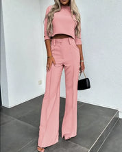 Two-Piece Set – Long Sleeve Crop Top & Tailored Pants – Chic Office Look