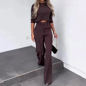 Two-Piece Set – Long Sleeve Crop Top & Tailored Pants – Chic Office Look