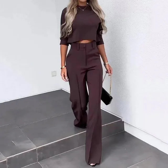 Two-Piece Set – Long Sleeve Crop Top & Tailored Pants – Chic Office Look