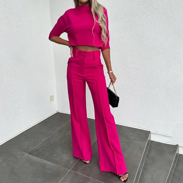 Two-Piece Set – Long Sleeve Crop Top & Tailored Pants – Chic Office Look