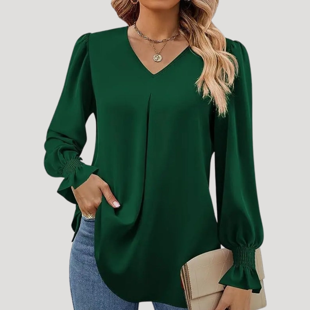 Blouse – V-Neck, Long Puff Sleeves – Elegant Office Style