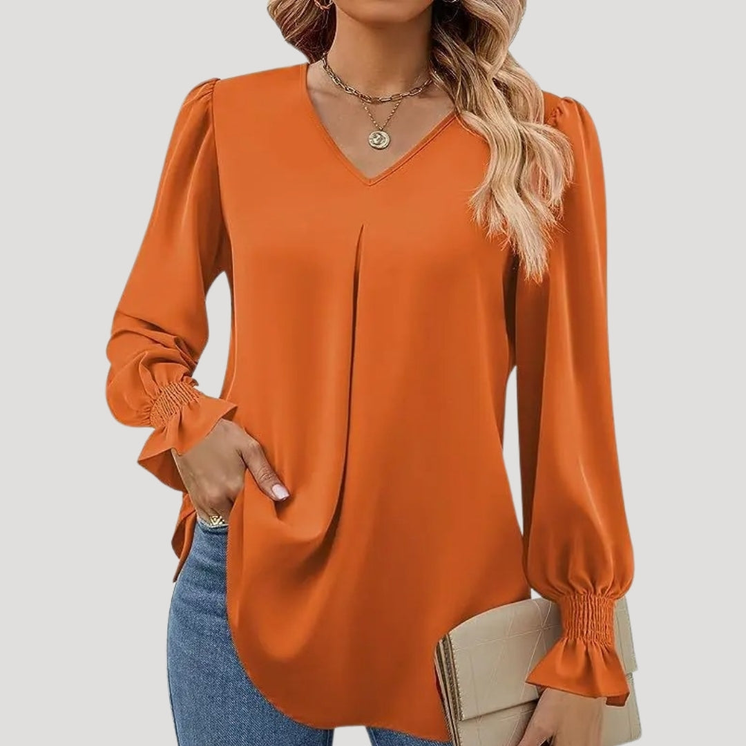 Blouse – V-Neck, Long Puff Sleeves – Elegant Office Style