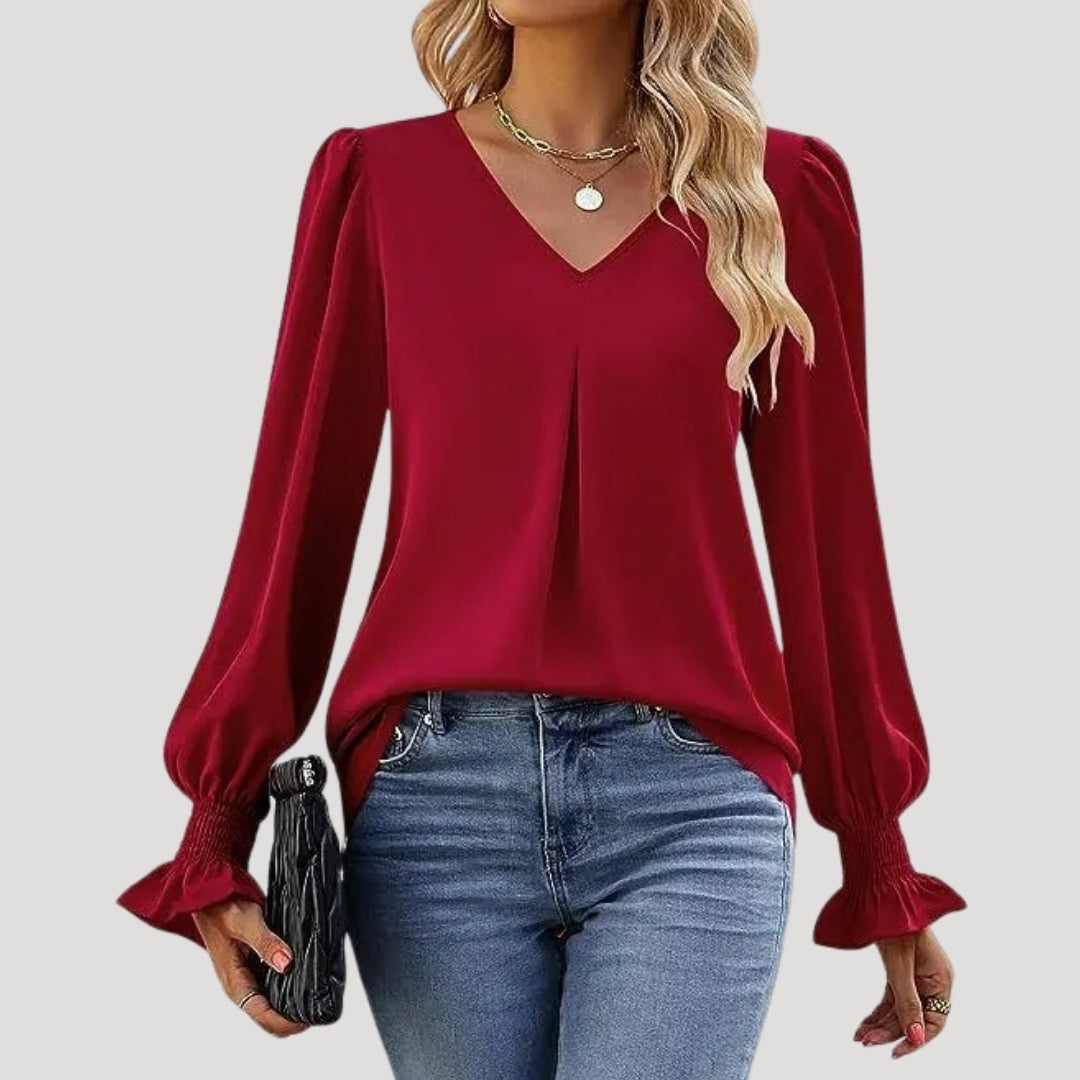 Blouse – V-Neck, Long Puff Sleeves – Elegant Office Style