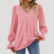 Blouse – V-Neck, Long Puff Sleeves – Elegant Office Style