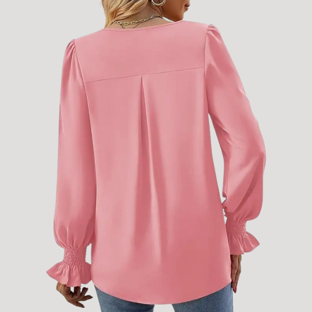 Blouse – V-Neck, Long Puff Sleeves – Elegant Office Style