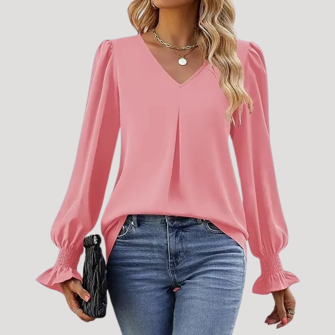 Blouse – V-Neck, Long Puff Sleeves – Elegant Office Style