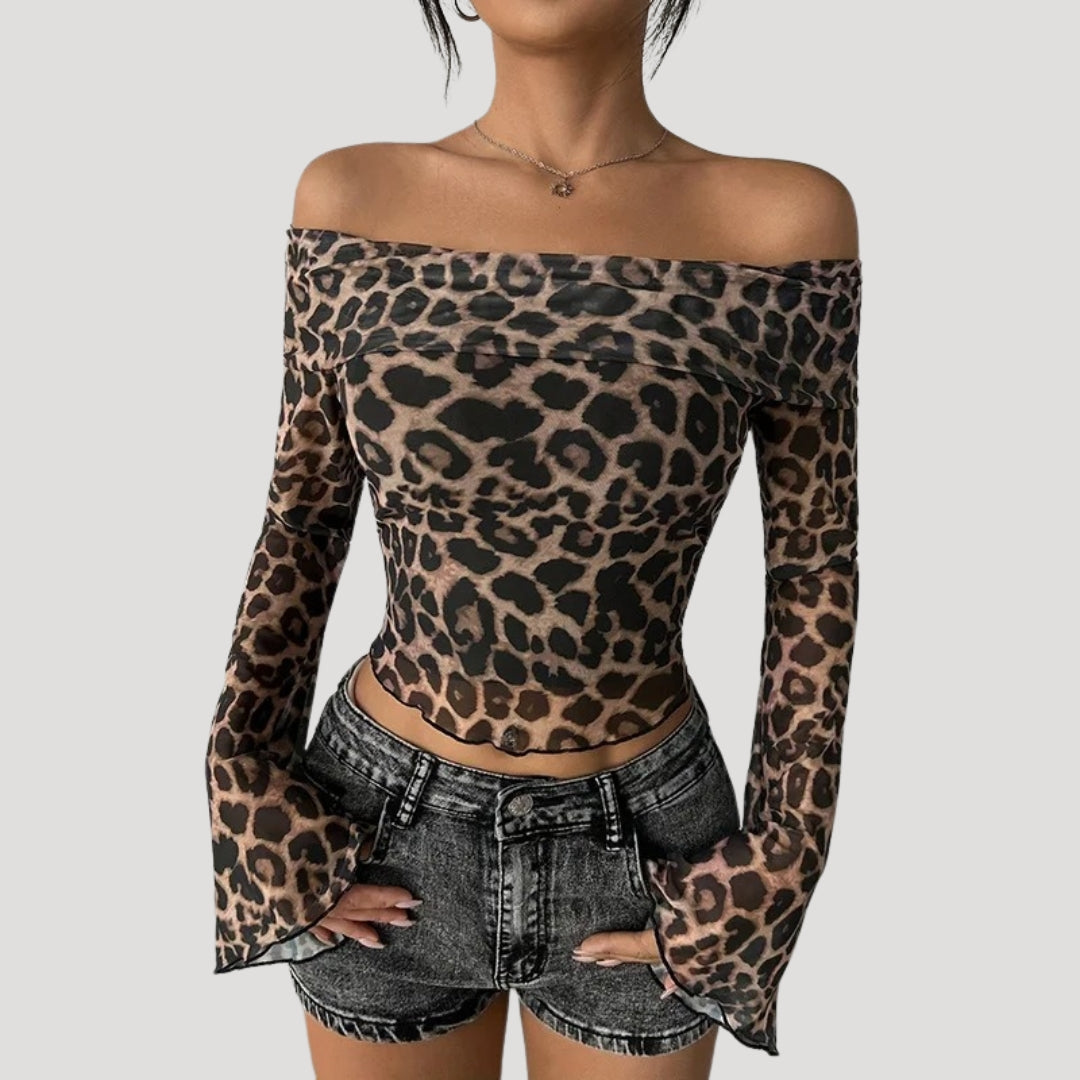 Off-Shoulder Top – Leopard Print Mesh – Bold Night Out Look