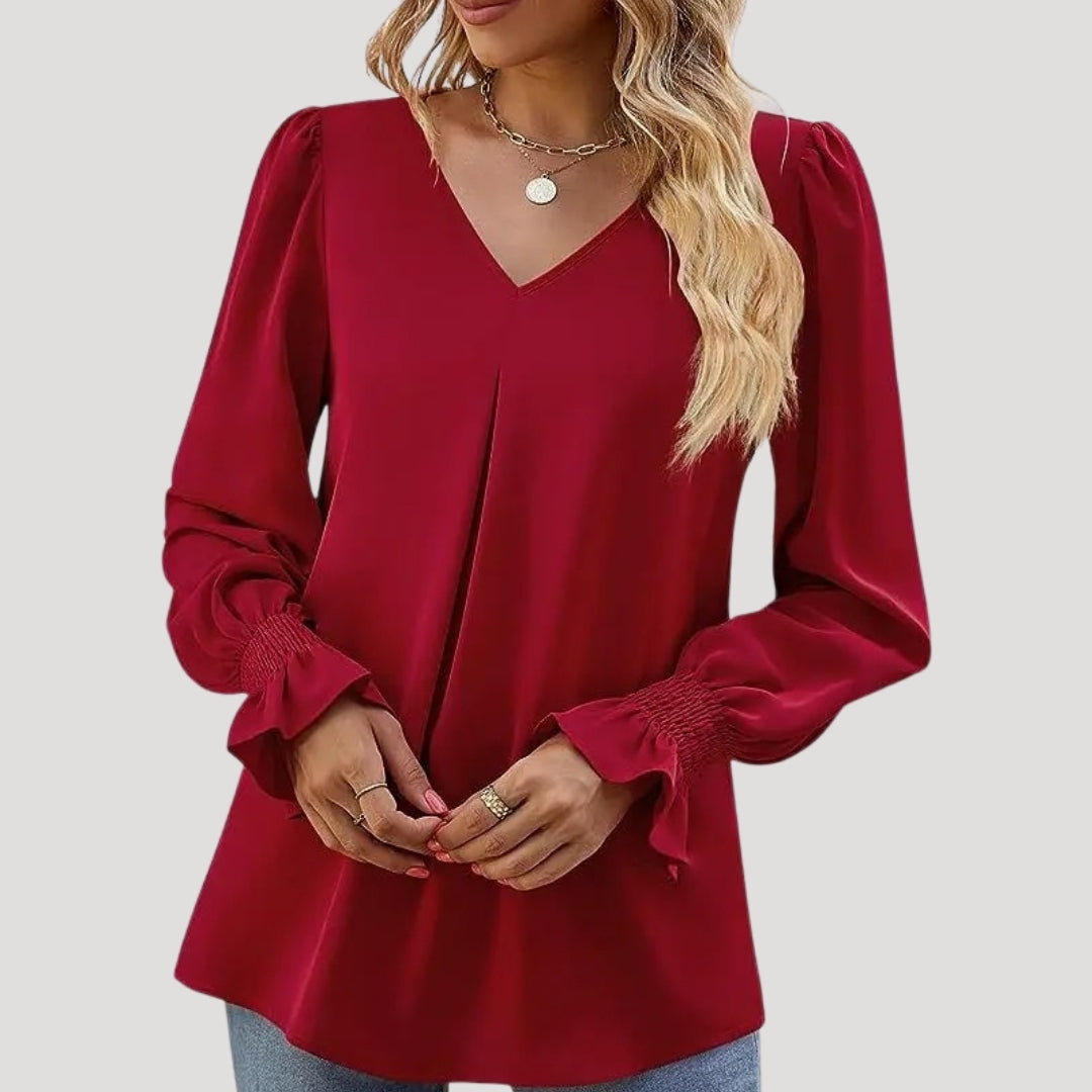 Blouse – V-Neck, Long Puff Sleeves – Elegant Office Style