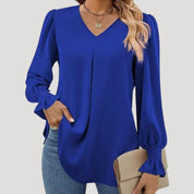 Blouse – V-Neck, Long Puff Sleeves – Elegant Office Style