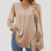 Blouse – V-Neck, Long Puff Sleeves – Elegant Office Style