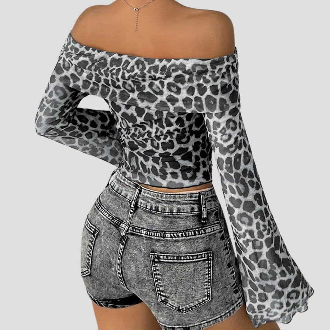 Off-Shoulder Top – Leopard Print Mesh – Bold Night Out Look