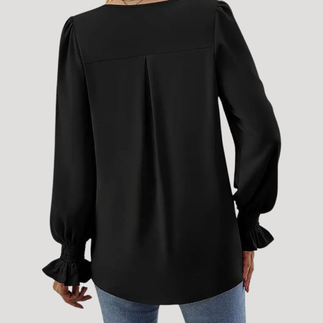 Blouse – V-Neck, Long Puff Sleeves – Elegant Office Style