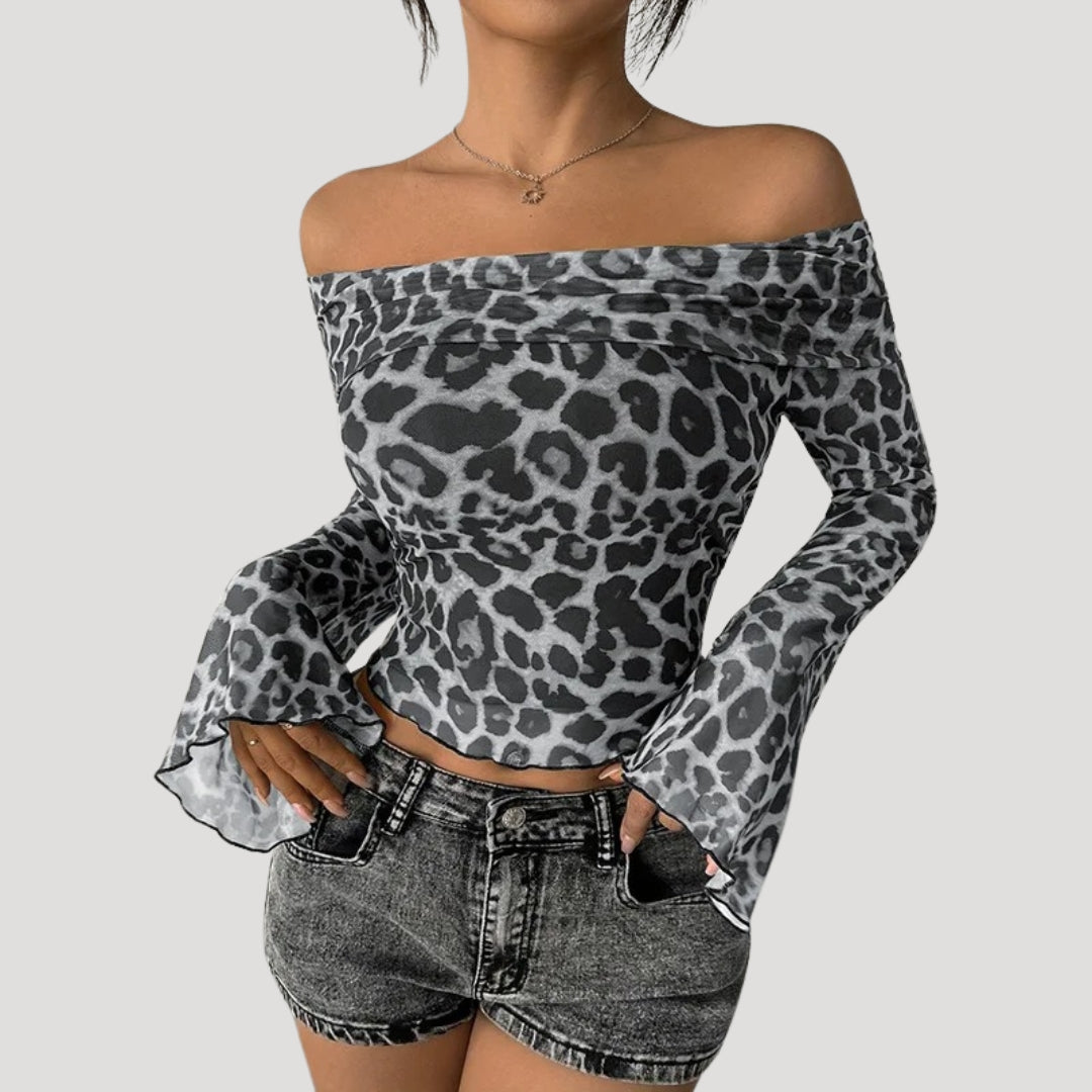 Off-Shoulder Top – Leopard Print Mesh – Bold Night Out Look