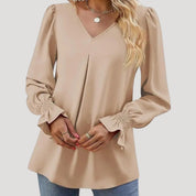 Blouse – V-Neck, Long Puff Sleeves – Elegant Office Style