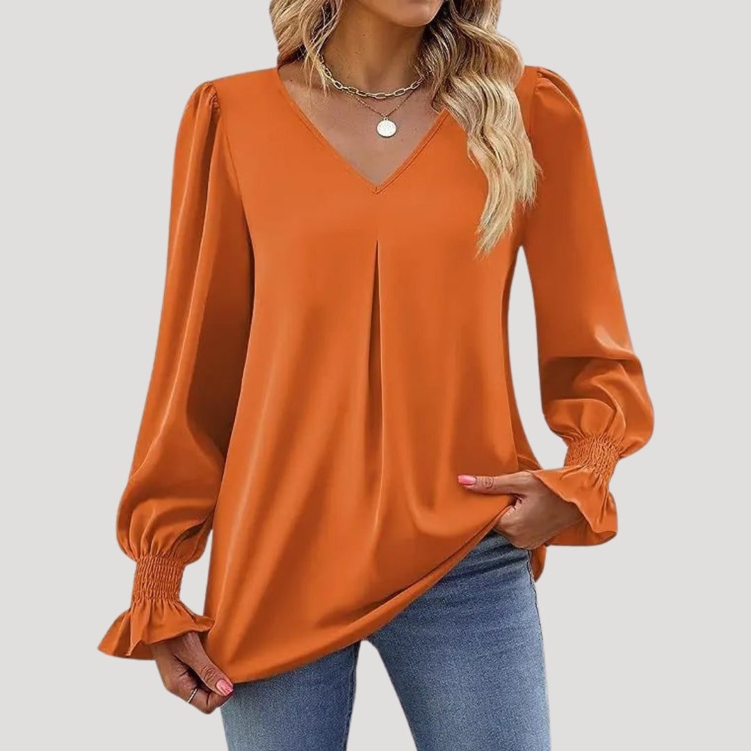 Blouse – V-Neck, Long Puff Sleeves – Elegant Office Style