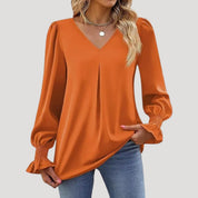 Blouse – V-Neck, Long Puff Sleeves – Elegant Office Style