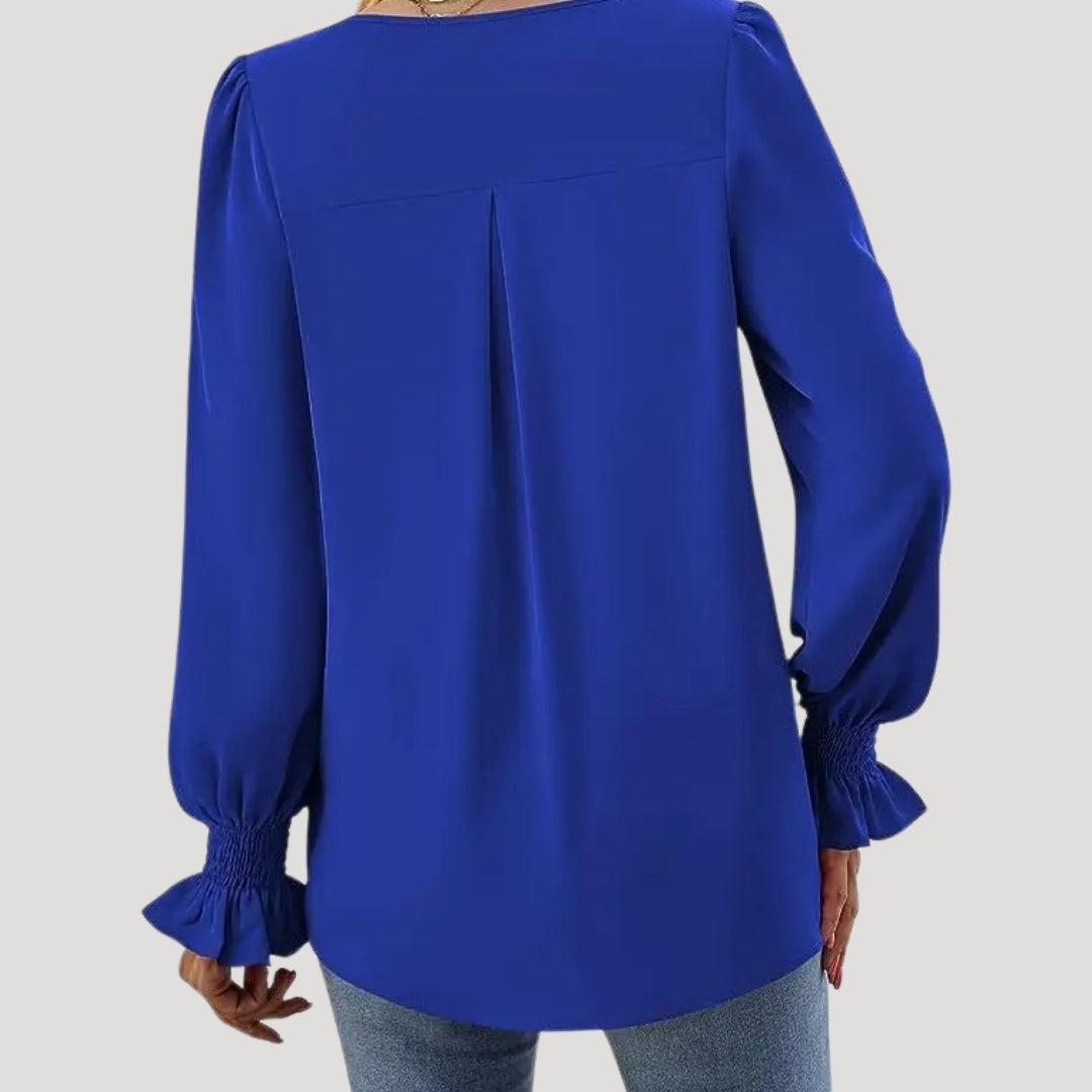 Blouse – V-Neck, Long Puff Sleeves – Elegant Office Style