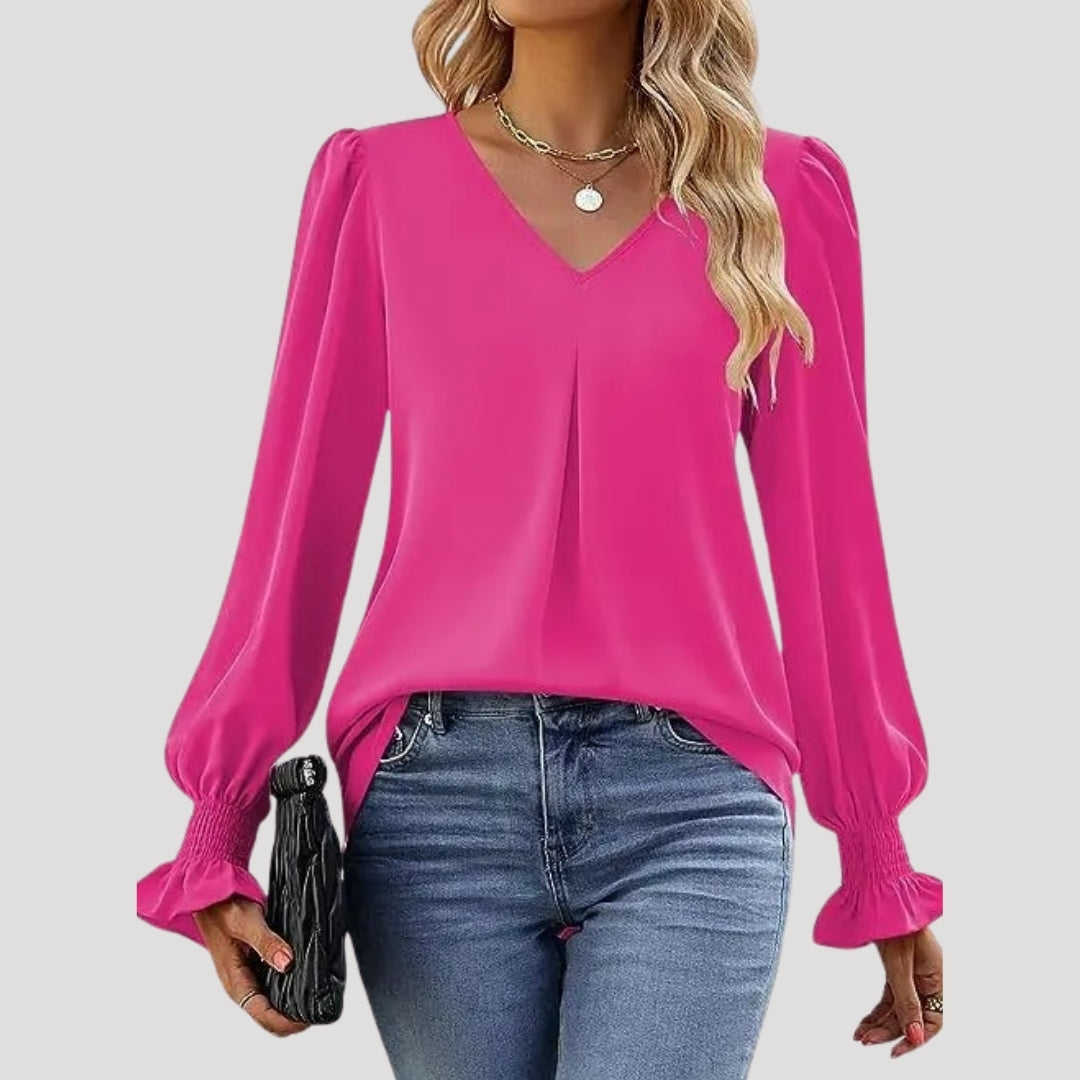 Blouse – V-Neck, Long Puff Sleeves – Elegant Office Style