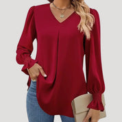 Blouse – V-Neck, Long Puff Sleeves – Elegant Office Style