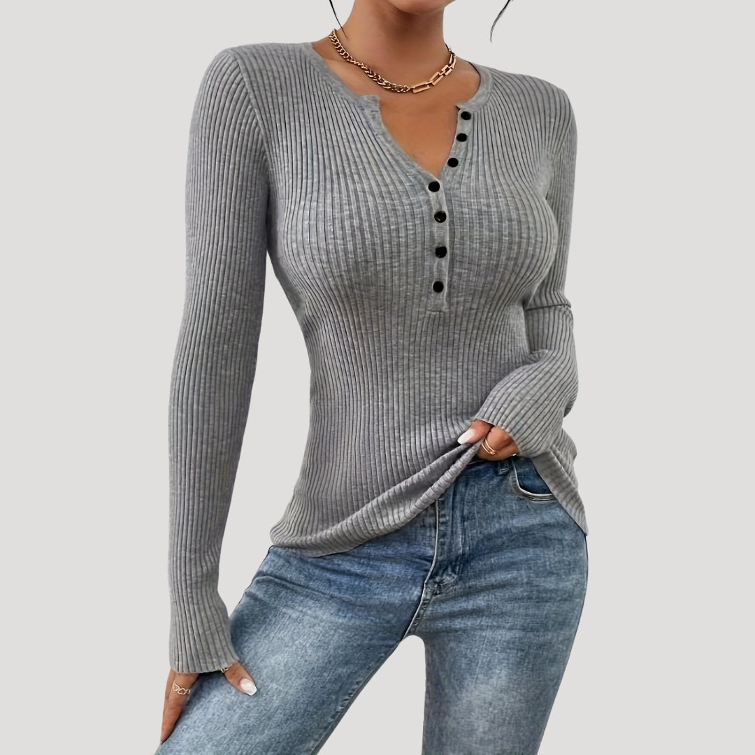 Ribbed Henley Top – Button Front – Casual Smart Style