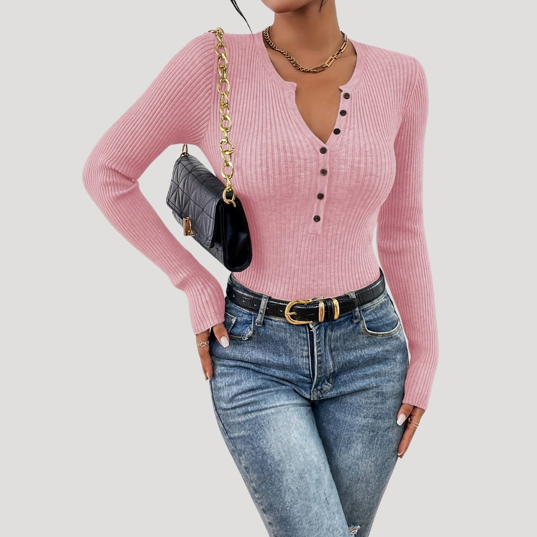 Ribbed Henley Top – Button Front – Casual Smart Style