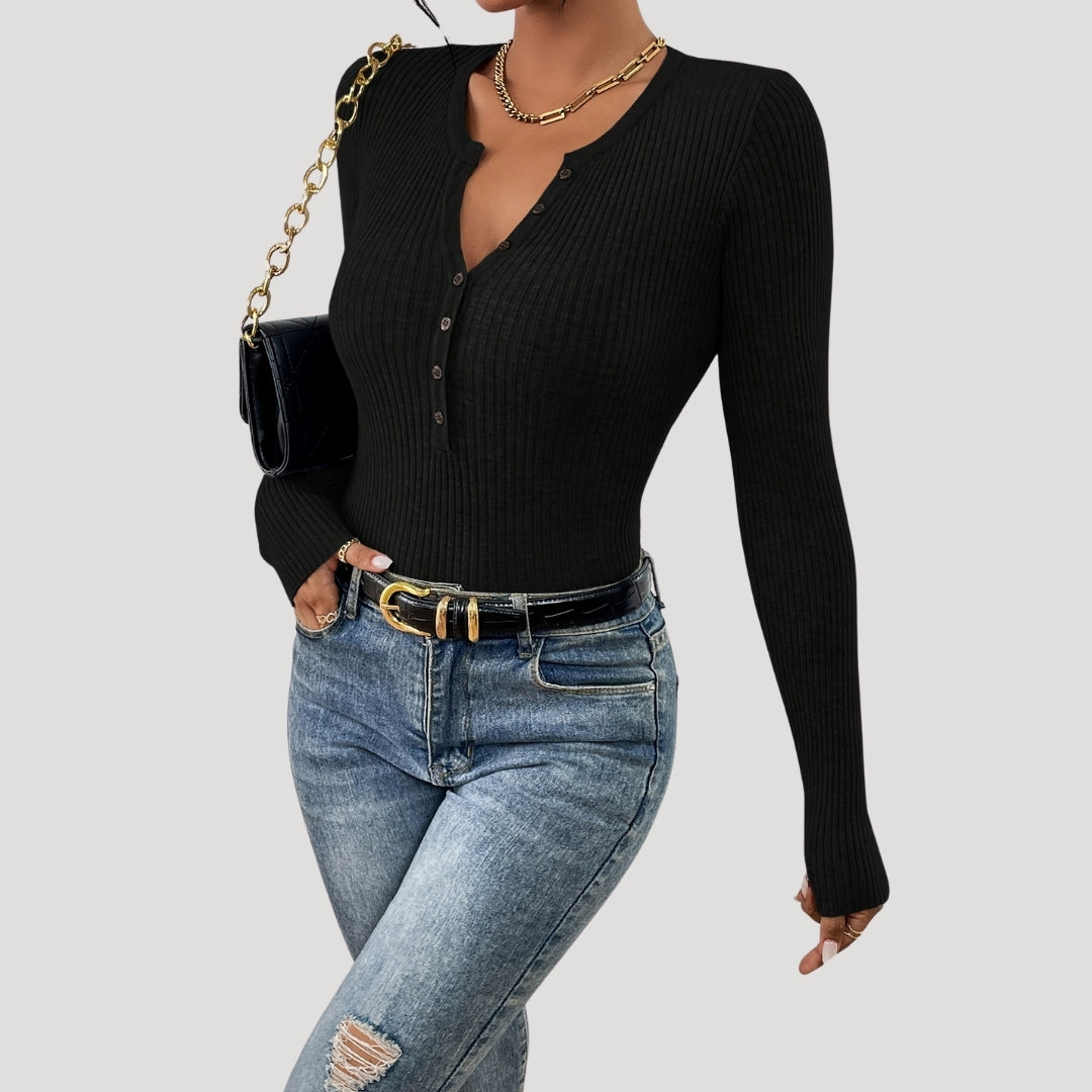 Ribbed Henley Top – Button Front – Casual Smart Style