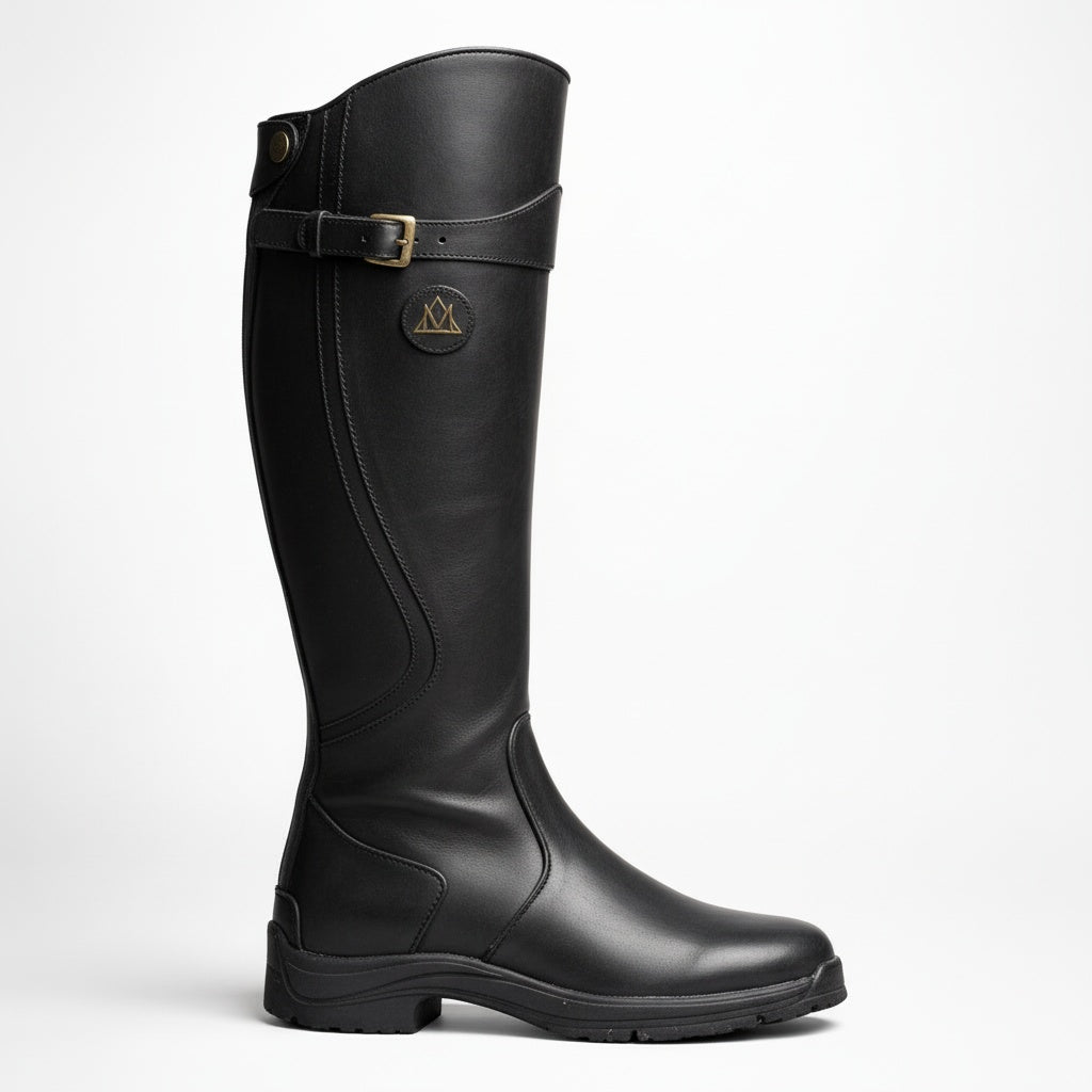 Black riding boot with a brand logo on a white background