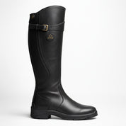 Black riding boot with a brand logo on a white background