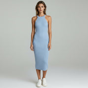 lady in Blue Halter neck midi dress on a plain background