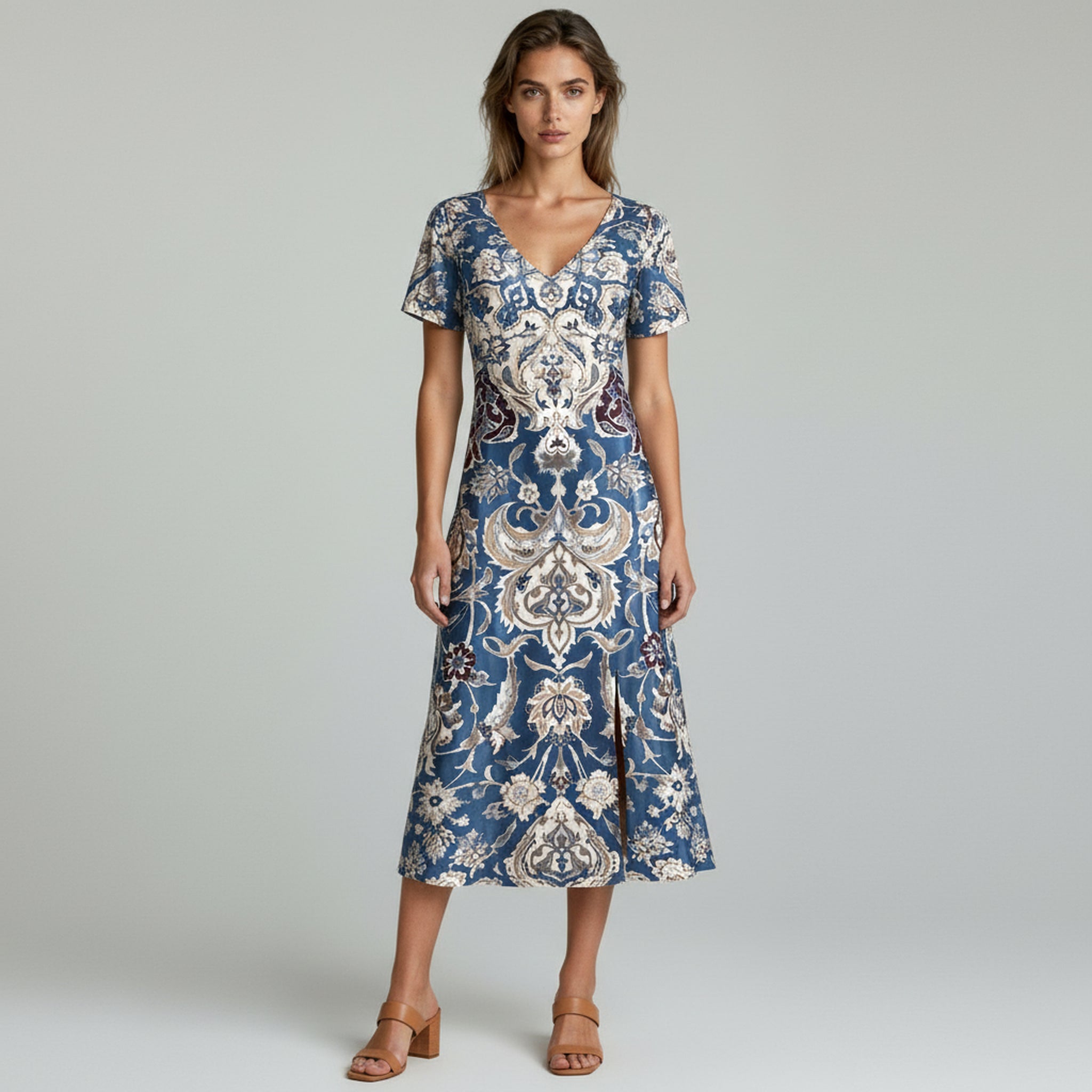 lady in blue summer dress lightweight on a plain background