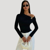 One-Shoulder Bodysuit – Elegant Pin Detail – Sleek Evening Style