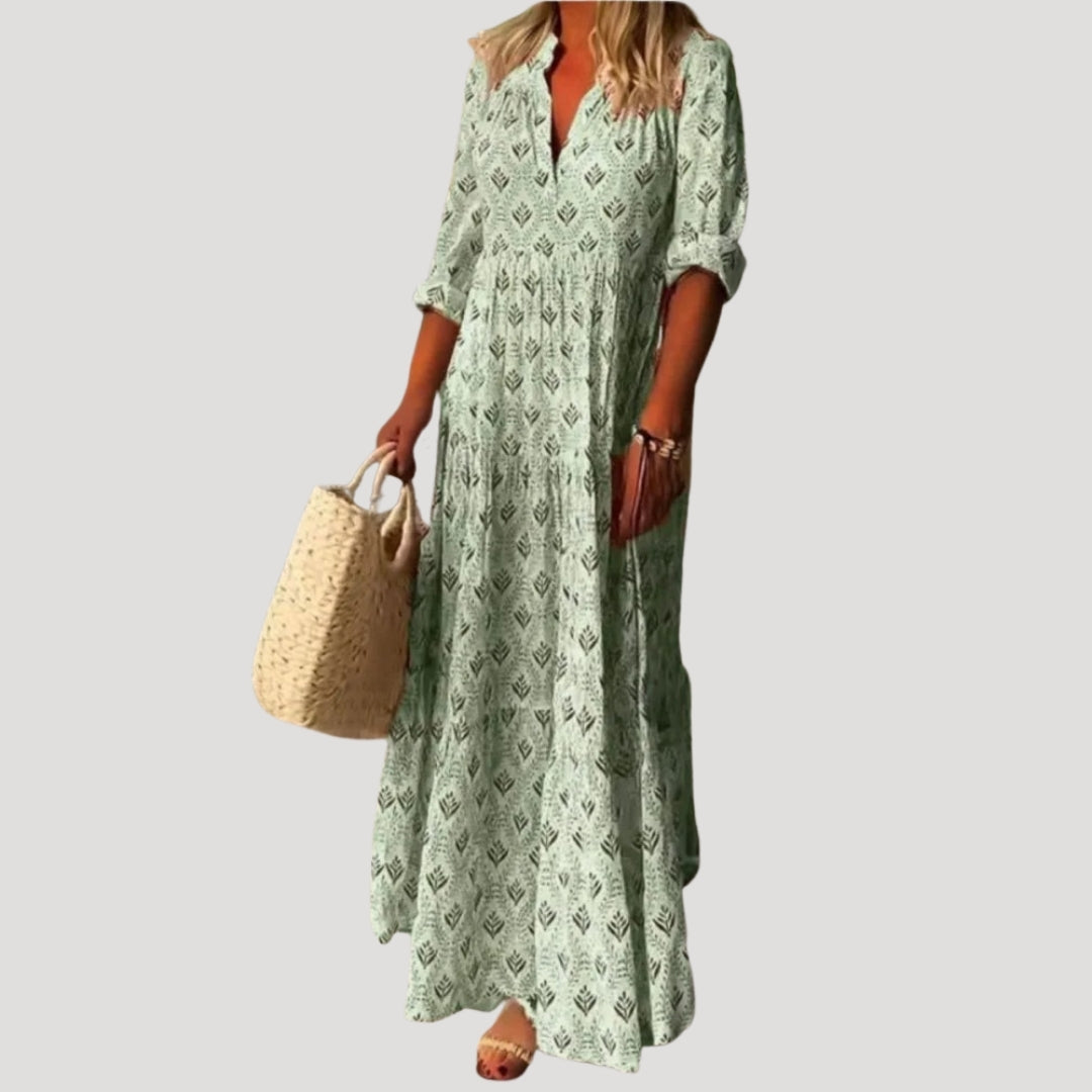 Boho Floral Maxi Dress for Women – Lightweight Cotton Summer Dress with Relaxed Fit and Roll-Tab Sleeves 0