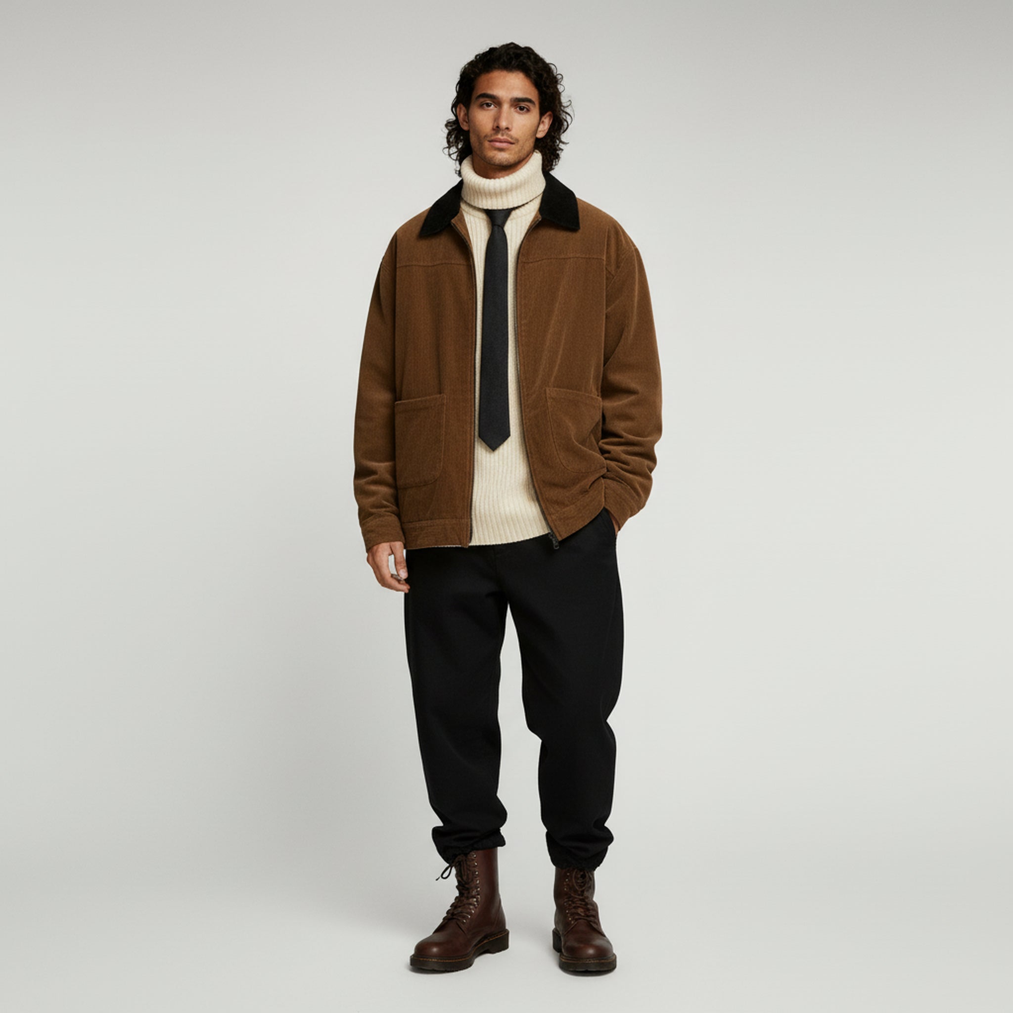 man wearing brown jacket and black pants on a plain background