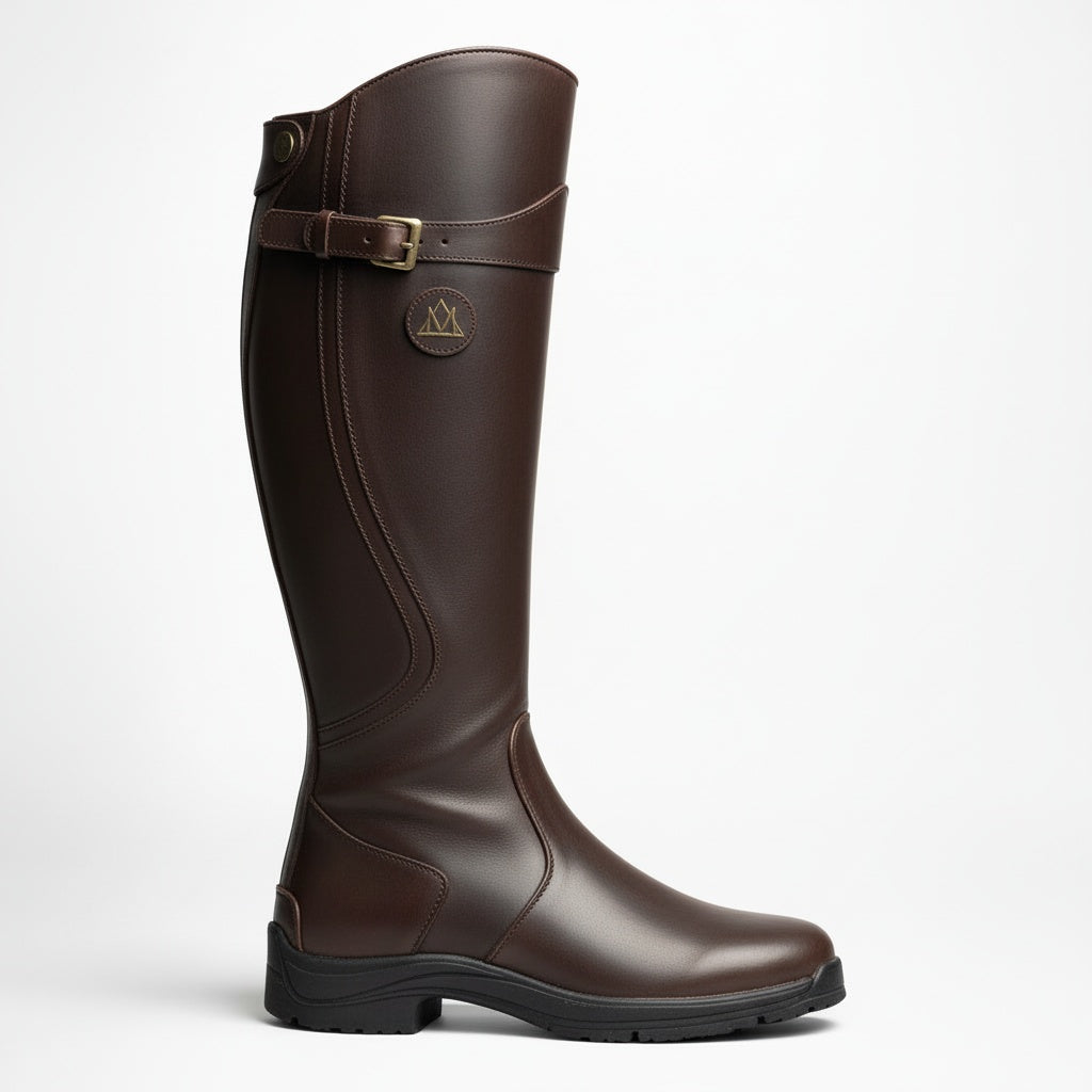 Brown riding boot with a buckle on a white background