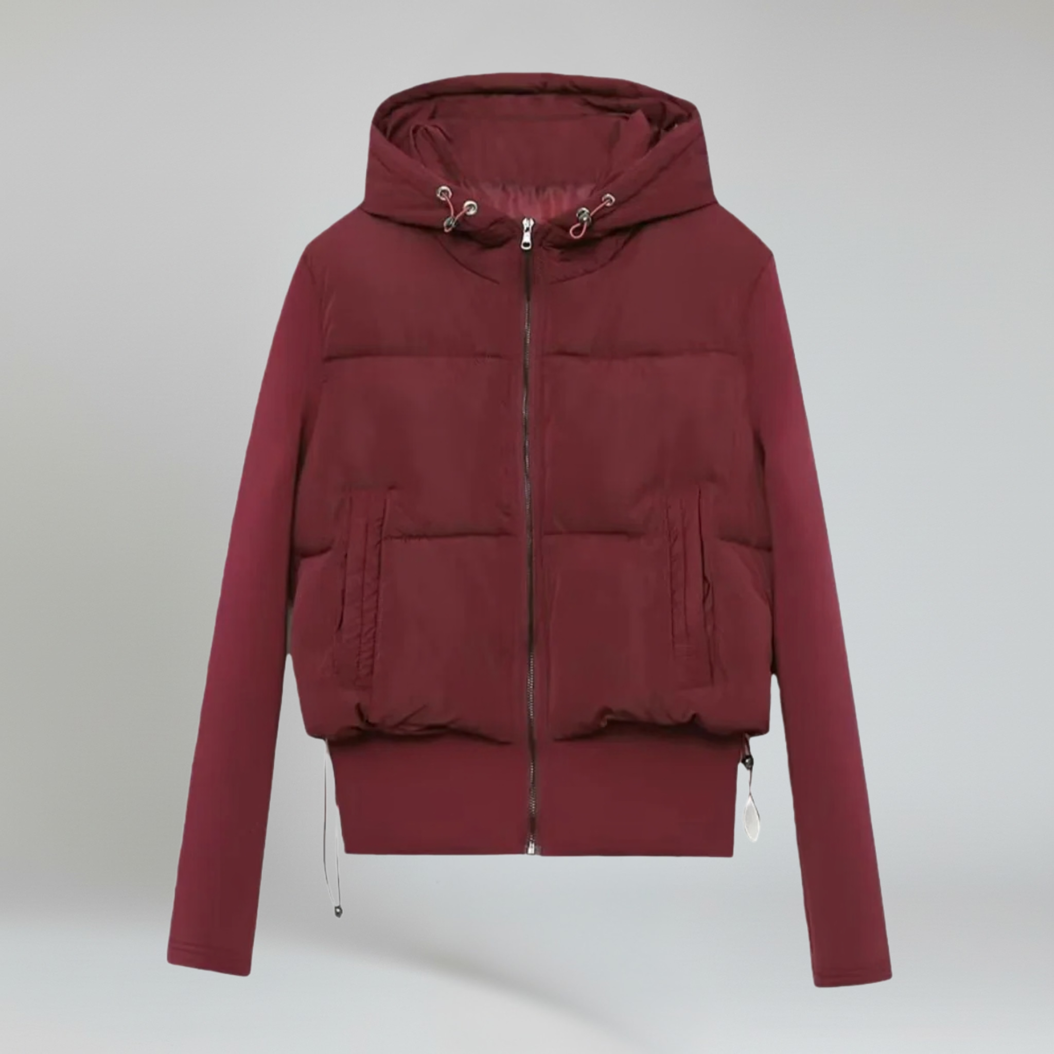 Burgundy Hooded Coat – Cozy Warmth on a plain background