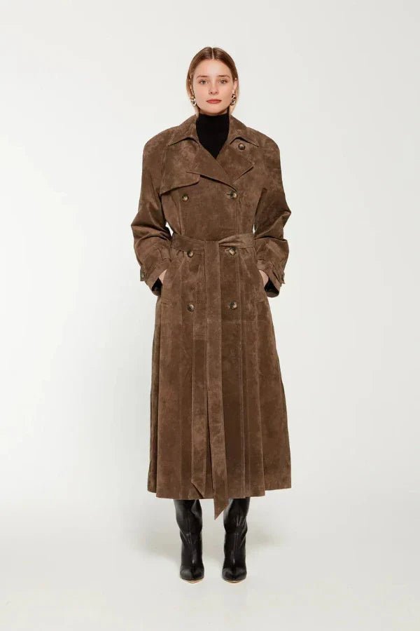 Chic Black Vegan Leather Maxi Trench Coat for Women with Belted Waist - Sustainable Autumn and Winter Fashion 0